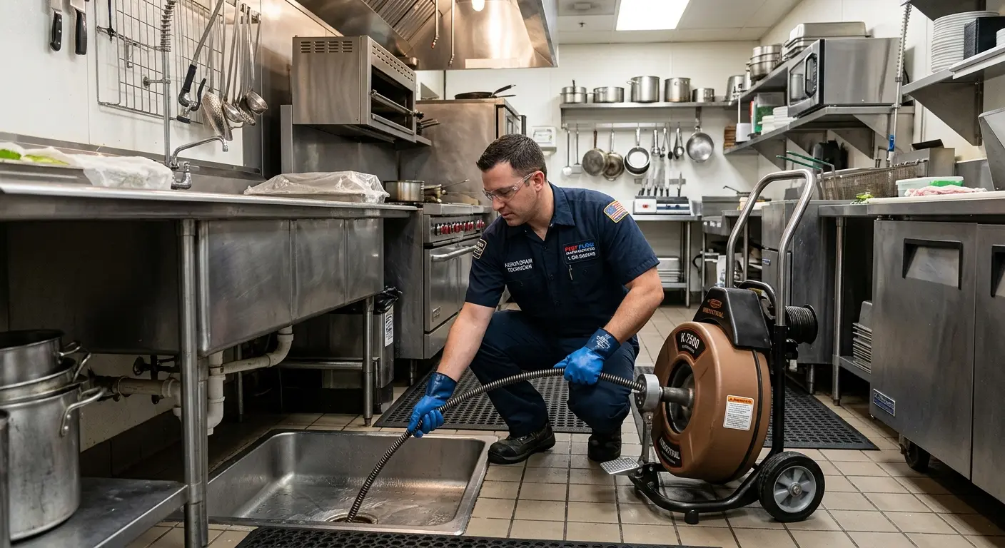 Commercial drain cleaning service in a restaurant kitchen in Arbutus