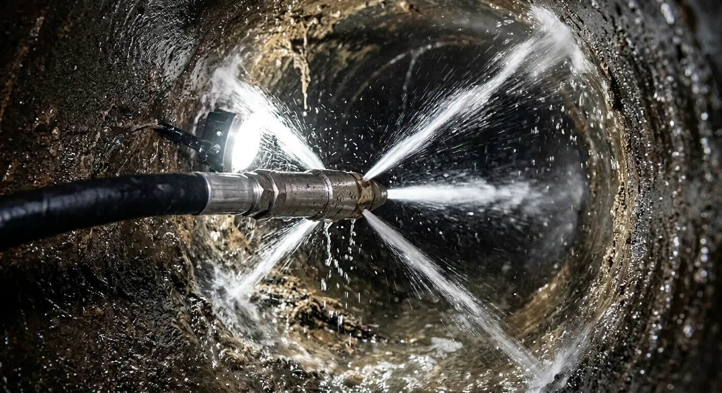 High-pressure hydro jetting nozzle cleaning sewer pipe for Trenchless Sewer Repair in Arbutus