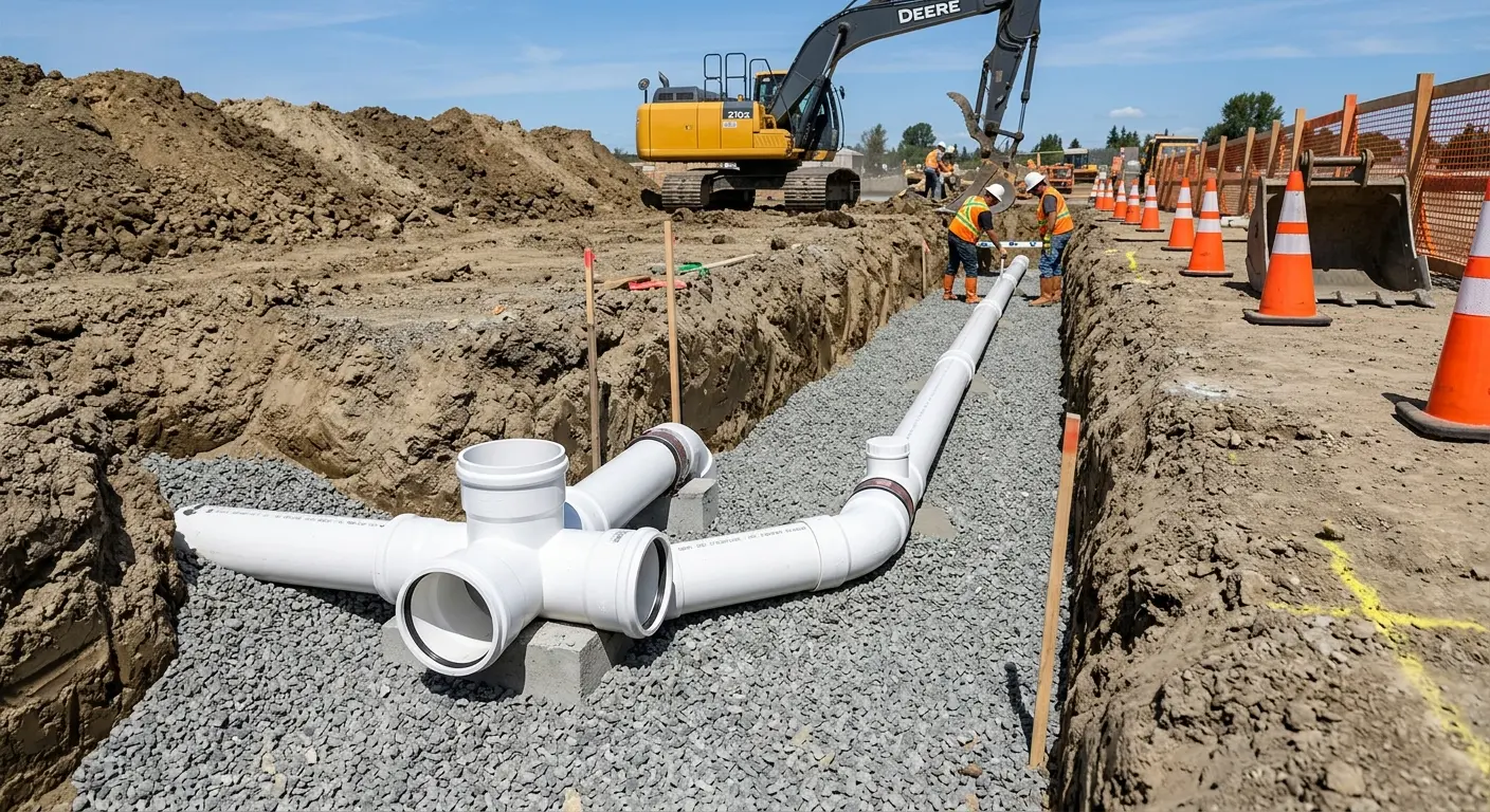 New PVC sewer pipe installation in open trench for Commercial Drain Cleaning in Arbutus
